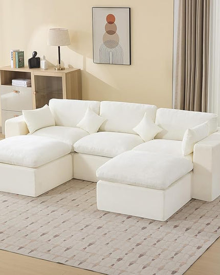 115'' Cloud Boneless Sectional Couch, Modular Sectional Sofa Deep Seat with 2 Ottomans, Oversized Upholstered Convertible Comfy 5 Seater Chenille Sofa U Shape Couches for Living Room, Beige