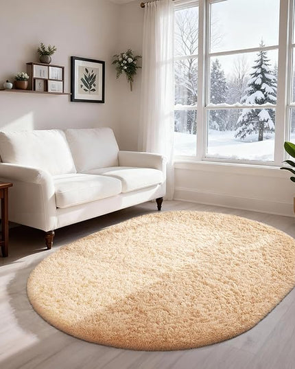 Ophanie 3x5 Oval Rug, Bedside Preppy Dorm Area Rug, College Essentials Non Slip Beige Small Carpets for Bedroom, Anti Slip Fluffy Living Room Rugs Home Decor Aesthetic, Nursery