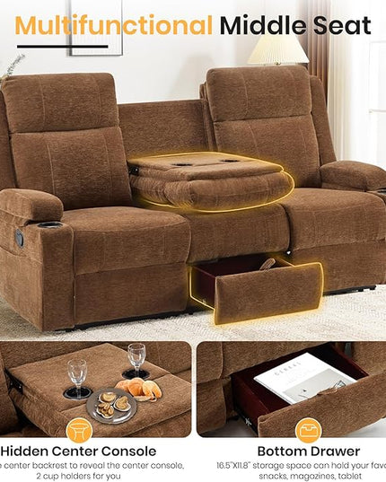 Manual Living Room Reclining Sofa Set, Comfy Chenille Loveseat Recliner Sofa & Deep Seat Reclining Couch, RV Wall Hugger Recliner Sofa Set for Living Room Furniture Sets(Brown)