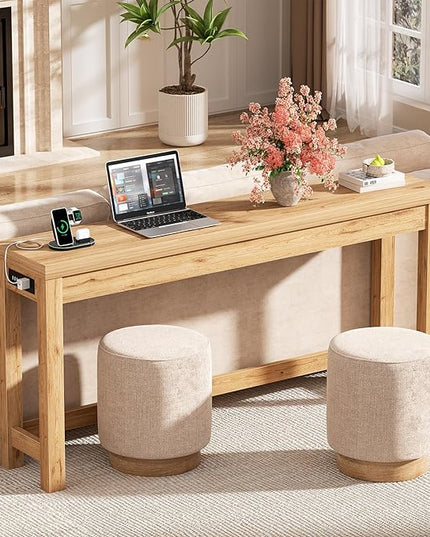 Cyclysio 63" Console Tables for Entryway, Long Console Tables for Living Room, Behind Couch Table, Sturdy Wood Support Farmhouse Entryway Table with 3AC+2USB Charging‌ Station, Natural Oak