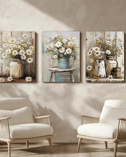 DUWQU 3 PCS Elegant Farmhouse Canvas Wall Art, Vintage Floral Pictures Art Wall Decor, Nature Themed Daisy Art Prints for Living Room Bedroom Kitchen and Office Ready to Hang 16×24 Inches