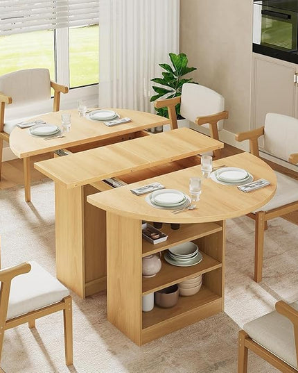 59'' Extendable Dining Table for 4-8, Round Kitchen Room Table with 3-Tier Storage Racks, Adjustable Shelves, Wooden Pedestal Base, for Kitchen, Dinner, Living Room, Office, Natural