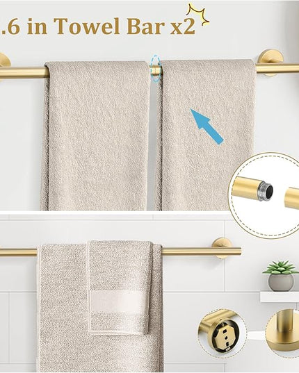 TURS Brushed Gold 10 Pieces Bathroom Hardware Set, SUS304 Stainless Steel 24 Inch Bath Towel Bar Set, Round Bathroom Accessories Kit Wall Mounted