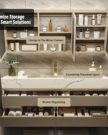 Golden Bathroom Vanity - 28IN Modern Luxurious Bathroom Vanity with Sink with Smart LED Defogging Mirror & Metal Elements & Hidden Handle | Unique Striped Design & Large Capacity Storage Space