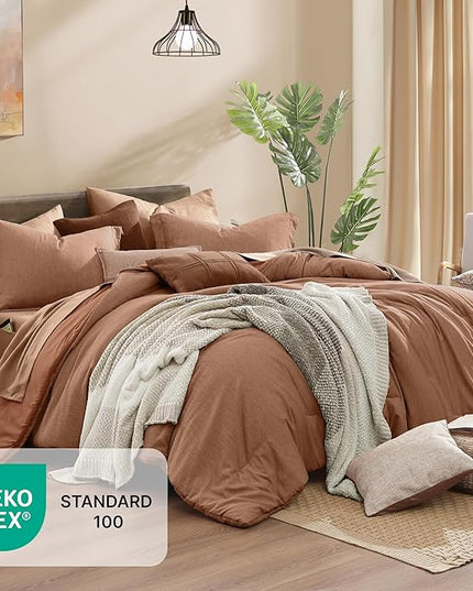 Monbix California King Comforter Set - 7 Pieces Cationic Dyeing Autumn Leaf Bed in a Bag Cal King Bed Sets with Comforter, Sheets, Pillowcases & Shams, Reversible Bedding Comforters Sets (108 * 92)