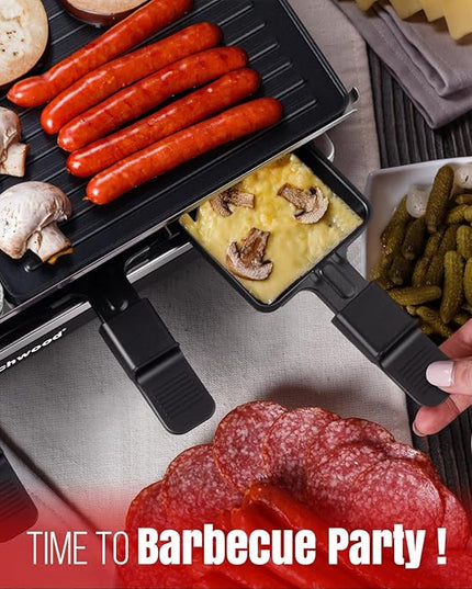 Raclette Grill, Techwood Electric Indoor Grill with 2 Reversible Non-stick Grill Griddle Plates, 1 Stone Grill Plate, 1500W Fast Heating with 8 Cheese Pans, Ideal for Parties and Family Fun, Black