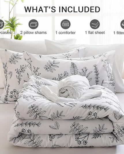 MUXHOMO White King Comforter Set, Elegant Floral Print Bed in a Bag 7 Pieces, Ultra Soft & Breathable Reversible Botanical Pattern Bedding Set with Comforter, Sheets, Pillowcases, and Shams