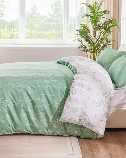 Love's cabin Sage Green Comforter Set Full - Full Size Comforter Set, 3 Pieces Cute Floral Bedding Sets for All Seasons,1 Soft Reversible Botanical Flowers Comforter and 2 Pillow Shams