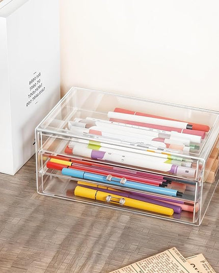 Acrylic Drawers Stackable Clear, 9.3 X 5.3 X 4 Inch Stackable Makeup Organizer Acrylic 3 Drawer Storage Organizers Clear Stationery Organizer for Dresser, Bathroom, Vanity, Countertop