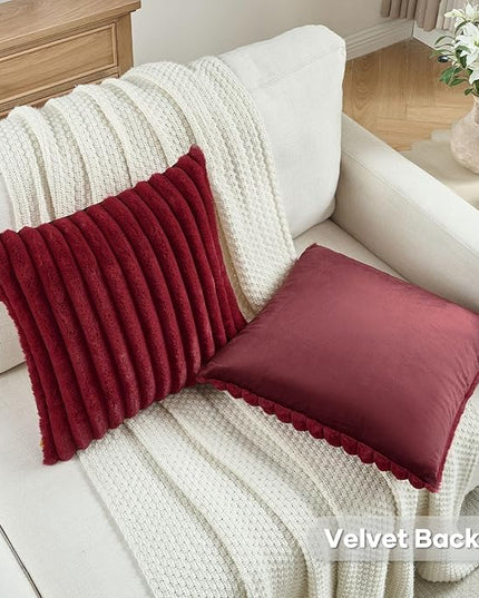 FUTEI Christmas Burgundy Throw Pillow Covers Set of 2, 16x16 Inch Striped Texture Cushion Cases with Soft Faux Rabbit Fur Front & Velvet Back, Modern Decorative Couch Pillows for Living Room