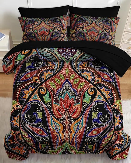 Nesker 7 Pcs Comforter Set Full Size, Paisley Boho Plant Bedding Set for Kids and Adults, Bohemian Retro Floral Bed Sheet Sets with Fitted Sheet 2 Pillowcases & 2 Shams