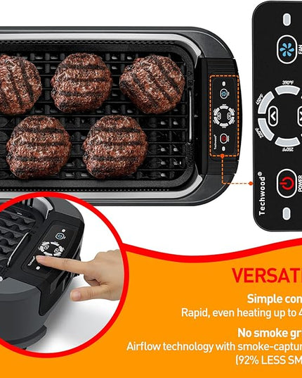 Indoor Grill, Techwood 1500W Smokeless Electric Grill with 2 in1 Nonstick Grill/Griddle Plates, Portable Korean BBQ Grill with 6-Level Control, Glass Lid, Dishwasher Safe, Double Plates, Gray