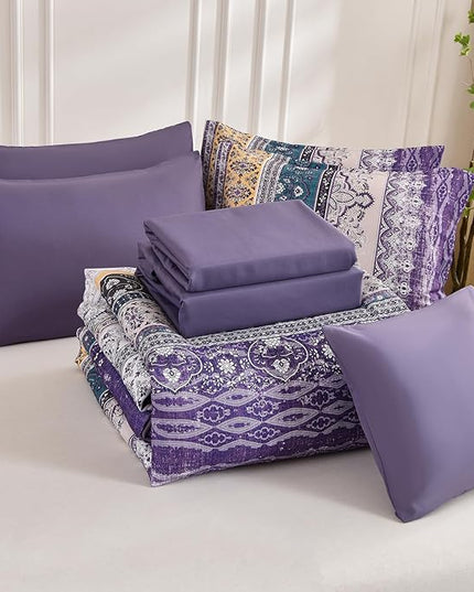 Cottolester Boho Comforter Set California King Size 8 Pieces,Violet Bohemian Striped Bed in a Bag, Paisley Soft Microfiber Bedding Comforter Set