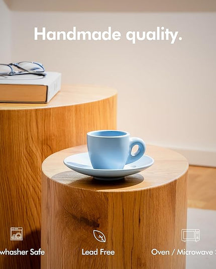 KIVY Espresso Cups Set of 4 [Set 4x 3oz]- Espresso Set Thick Walled Stoneware Espresso Cup Set - Italian Style Espresso Cups and Saucers - Coffee Mugs - Pastell Green, Blue
