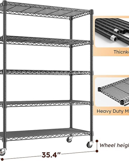 REIBII 1653LBS Storage Shelves with Wheels,76.1" H Metal Shelving 5-Tire Adjustable Wire Shelving Pantry Shelves for Garage Shelving, Pantry, Kitchen, Closet, Commercial,15.7" D x 35.4" Wx76.1 H