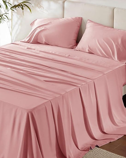 Bedsure Queen Sheet Set, Rayon Derived from Bamboo, Cooling Sheets, Breathable & Soft, Deep Pocket Up to 16 Inches, Hotel Luxury Silky Bedding for Hot Sleepers, Blush Pink