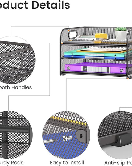 3 Tier Paper Organizer with Handle, Metal Desk Organizer Mesh Paper Letter Tray Desktop File Folder Document Sorter for Classroom, School, Office Accessories Organization and Storage - Grey