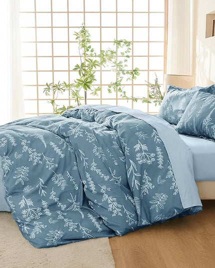 MUXHOMO Blue Bed in a Bag King 7 Pieces, King Comforter Set Reversible Botanical Flowers Design, Ultra Soft & Breathable Bedding Sets with Comforter, Sheets, Pillowcases & Shams