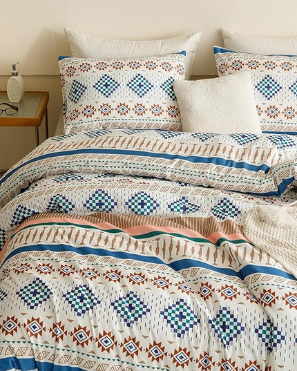Houseri Colorful Boho Comforter Set Queen Blue Green Plaid Striped Orange Blush Diamonds Geometric Bedding Sets Queen Size Western Bohemian Bed Set Warm Soft Cozy Comfy Rustic Chic Quilt Blanket Queen