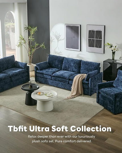 Tbfit Modern Couch, 89" Cloud Sofa Spring Seat Cushions, Comfy 3-Seater w/Pillows, Chenille Fabric Removable Covers, Soft Upholstered Living Room Furniture, Home Apartment, Blue