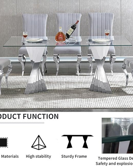 Goujxcy 70" Modern Glass Dining Table for 6-8, Luxury Silver Glass Dining Room Table with Mirrored Flash-Shape Stainless Steel Base, Rectangle Kitchen Dinner Tables for Dining Room Kitchen