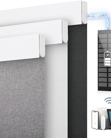 DENFOON Motorized Blinds with Remote control, Custom Blackout Smart Blinds [with Cover],Electric Blinds with Complimentary Solar Panel, Cordless Automatic Roller Shades for Windows (Grey，27"W x 72"H)