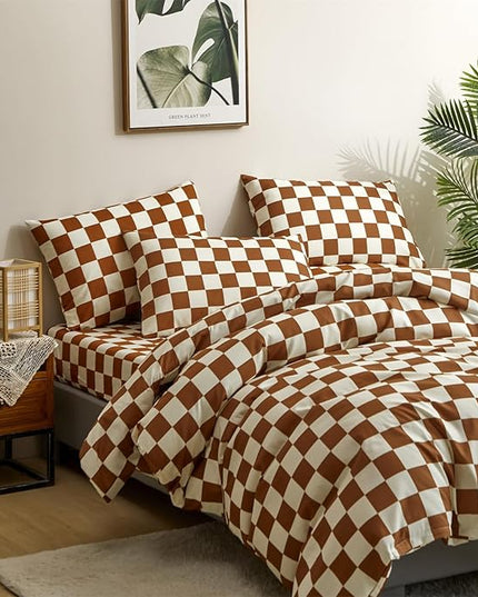 Houseri Brown Plaid Comforter Set Twin Size White and Camel Grid Bedding Comforters Twin Boys Girls Kids Modern Pumpkin Checkerboard Dorm Bed Comforter Preppy Buffalo Checkered Twin Comforter Sets