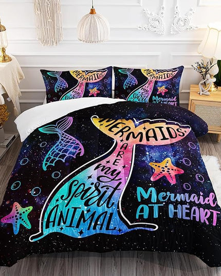 Galaxy Mermaid Comforter Set Queen Size,3 Piece Mermaid Tail Bedding Set for Girls Kids Pink Orange Violet Mermaid Fish Space Bedding Quilt Set for Girls Kids Bedroom