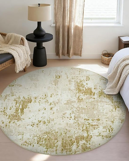 Modern Abstract 8x8 Round Area Rug Non Slip Non Shedding Rug Low Pile Stain Resistant for Bedroom Living Room Office Dining Room,Golden Grey