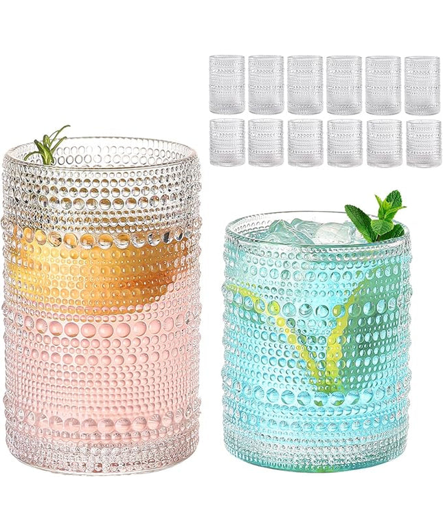 Vintage Glassware Drinking Glasses Set of 12,Clear 12oz & 15oz Hobnail Glass Cups,Embossed Water Tumbler,for Beer,Cocktail,Whiskey,Juice and Various Mixed Drinks- 1 Cleaning Brush