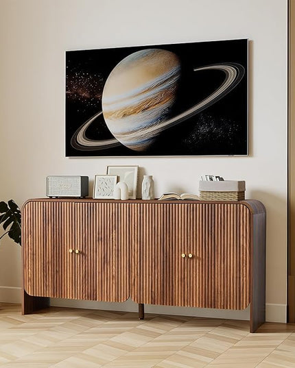 59” Large Buffets Sideboard Cabinet with Storage, Fluted Curved Credenza Buffet Table Storage Cabinet with 4 Doors, Modern Wood Accent Console Table Coffee Bar for Living Room Kitchen Hallway, Walnut