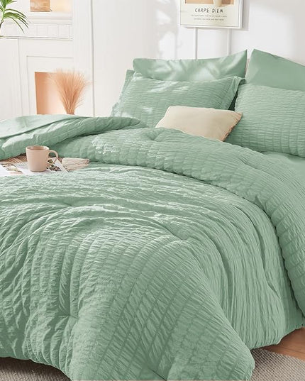 HYMOKEGE Sage Green King Size Comforter Set Seersucker 7 Pieces, All Season Luxury Bed in a Bag for Bedroom, Bedding Set with Comforters, Sheets, Pillowcases & Shams