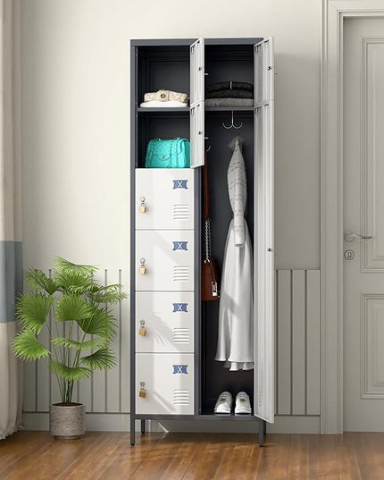 Aobabo 72" H Metal Lockable Storage Locker 7 Small Doors and 1 Big Door, Metal Lockers for empolyees with Hooks, for School Home Office Assembly Required, 8 Doors, Grey White