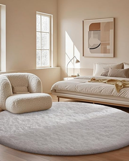 Ophanie Round Rug 4Ft White Circle Area Rug, Aesthetic Room Decor, Fluffy Fuzzy Bedroom Carpet, Plush Soft Shaggy Living Room Rugs for Kids Home Decor, Nursery
