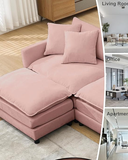 Modular Sectional Sofa,143.31'' Modern Sofa Sleeper Couch,Comfy Cloud Couches with 4 Seat & 2 Ottoman & 4 Pillows Sofa Set,Deep Seat Sofa with Movable Ottoman for Living Room,Chenille (Pink, U shaped)