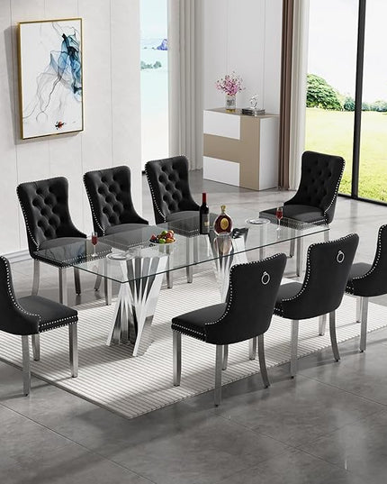 SSLine 9 Piece Glass Dining Table Set,70" Dinner Room Glass Table Set for 8,Modern Kitchen Dinner Table Set with Stainless Steel Base and 8 Upholstered Velvet Dining Chairs for Living Dining Room