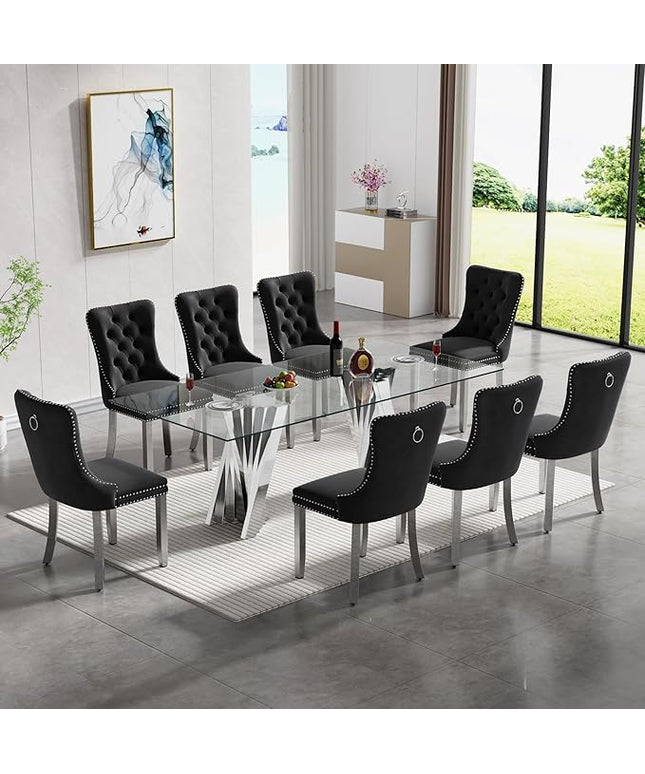 SSLine 9 Piece Glass Dining Table Set,70" Dinner Room Glass Table Set for 8,Modern Kitchen Dinner Table Set with Stainless Steel Base and 8 Upholstered Velvet Dining Chairs for Living Dining Room