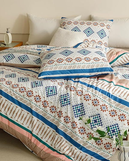 Houseri Colorful Boho Comforter Set Queen Blue Green Plaid Striped Orange Blush Diamonds Geometric Bedding Sets Queen Size Western Bohemian Bed Set Warm Soft Cozy Comfy Rustic Chic Quilt Blanket Queen