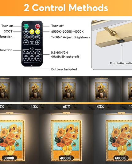 Picture Light for Wall Battery Operated, 12" Rechargeable Art Light with Remote and Timer for Painting, 3 Color Temps, Wireless Wall Light for Display, Artwork, Portrait, Gallery, Bronze