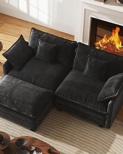 WorthFurni 77 Inch L Shape Cloud Sofa, Modular Sectional Couch with Ottoman, Comfy Chenille Deep Seat Loveseat with Pillow for Living Room Bedroom Apartment (Black)