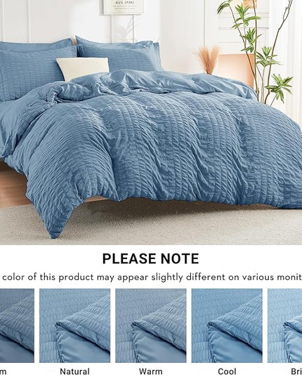 HYMOKEGE Mineral Blue California King Comforter Set Seersucker 7 Pieces, All Season Luxury Bed in a Bag for Bedroom, Bedding Set with Comforter, Sheets, Pillowcases & Shams