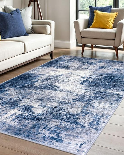 IOHOUZE Abstract Area Rug 4x6 Ft Washable Rugs for Entryway Indoor, Non Slip Small Living Room Rugs Printed Faux Wool Throw Rug, Floor Carpet for Kitchen Nursery Playroom, Navy/Grey