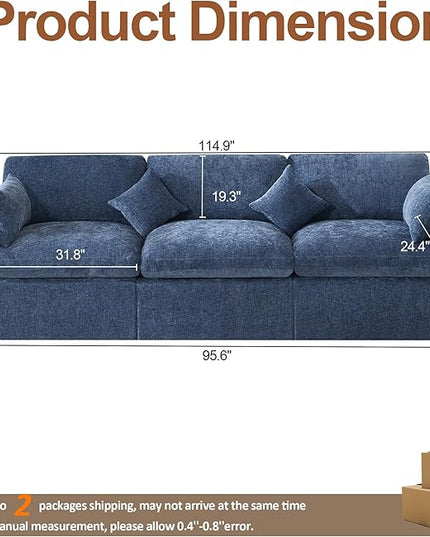 115''Cloud Boneless Sectional Couch, Modular Sectional Sofa Deep Seat, Oversized Upholstered Convertible Comfy 3 Seater Chenille Memory Foam Sofa Couches for Living Room, Blue