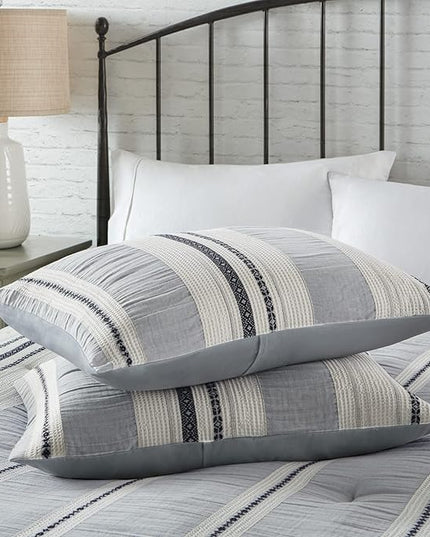 Hyde Lane Modern Farmhouse Comforter Set – King Size, 3-Piece Indigo Blue Striped Cotton Comforter with Matching Pillow Shams, Luxuriously Soft All-Season Bedding