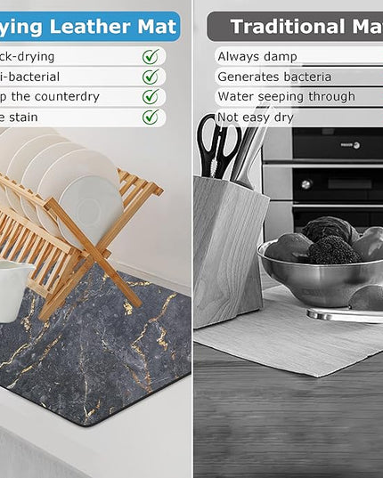 Dish Drying Mat Coffee Bar Mat for Kitchen Counter, Absorbent Dish Rack Pad Hide Stain with Non-slip Rubber Backed Coffee Accessories Fit Under Espresso Machine Maker Black Marble 22.83"x14.96"