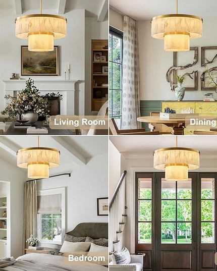 Alabaster Chandelier 2-Tier D24 Brass Round Chandeliers, Modern Dining Room Chandelier Marble Pendant Light for Living Room, Bedroom, Foyer, Kitchen, Entryway Gold(Include Bulbs)