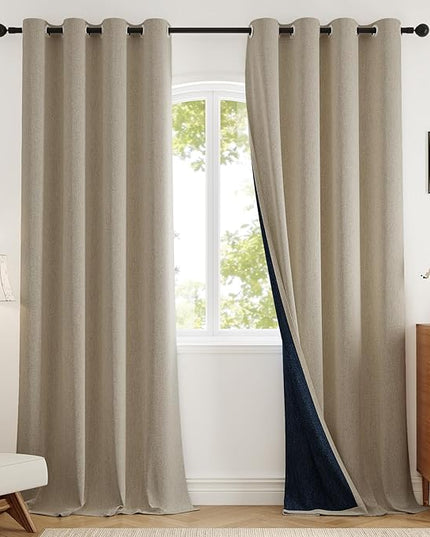 Blackout Curtains 96 inch Length 2 Panels for Living Room, Linen-Look Textured Room Darkening Thermal Insulated Noise Reduction Farmhouse Drapes for Bedroom (W52xL96, Natural)