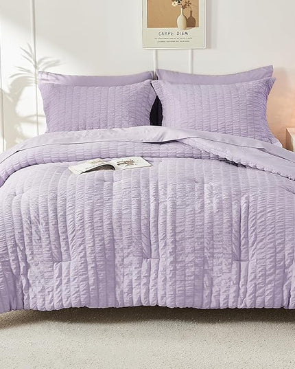 HYMOKEGE Lavender King Size Comforter Set Seersucker 7 Pieces, All Season Luxury Bed in a Bag for Bedroom, Bedding Set with Comforters, Sheets, Pillowcases & Shams