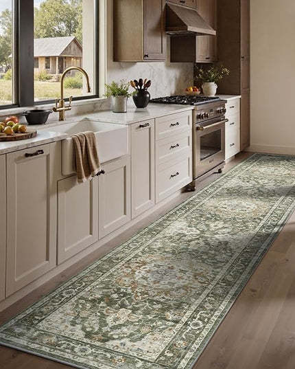 PADOOR-Vintage Runner Rug 2X10 Runners for Hallways-Soft Olive Green Washable Bedside Rugs for Bedroom-Non Slip Long Rug for Hallways Entryway Laundry Room Stair Kitchen Bathroom