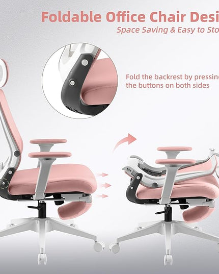 Foldable Office Chair with Foot Rest, Ergonomic Office Chair with Adjustable Lumbar Support, Headrest, Armrest, Home Office Desk Chair for Space Saving, Work from Home, Pink